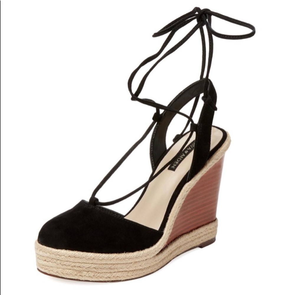 Black suede tie-up wedges